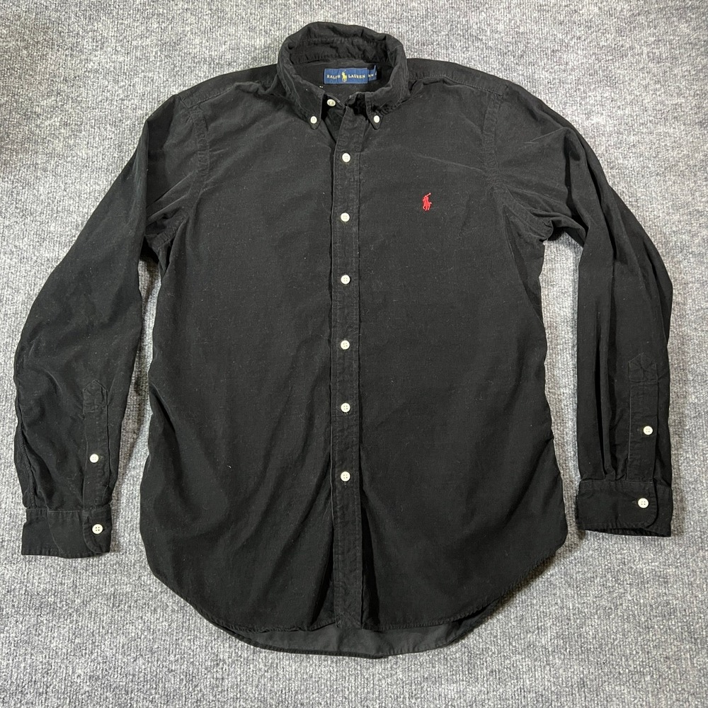 Ralph Lauren Mens Corduroy Button Down Shirt Black Red Pony Long Sleeve Medium